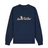 Sweater in navy mit weißem Aufdruck "Mir is die Lewwer worschd mit einem Dubbeglas".