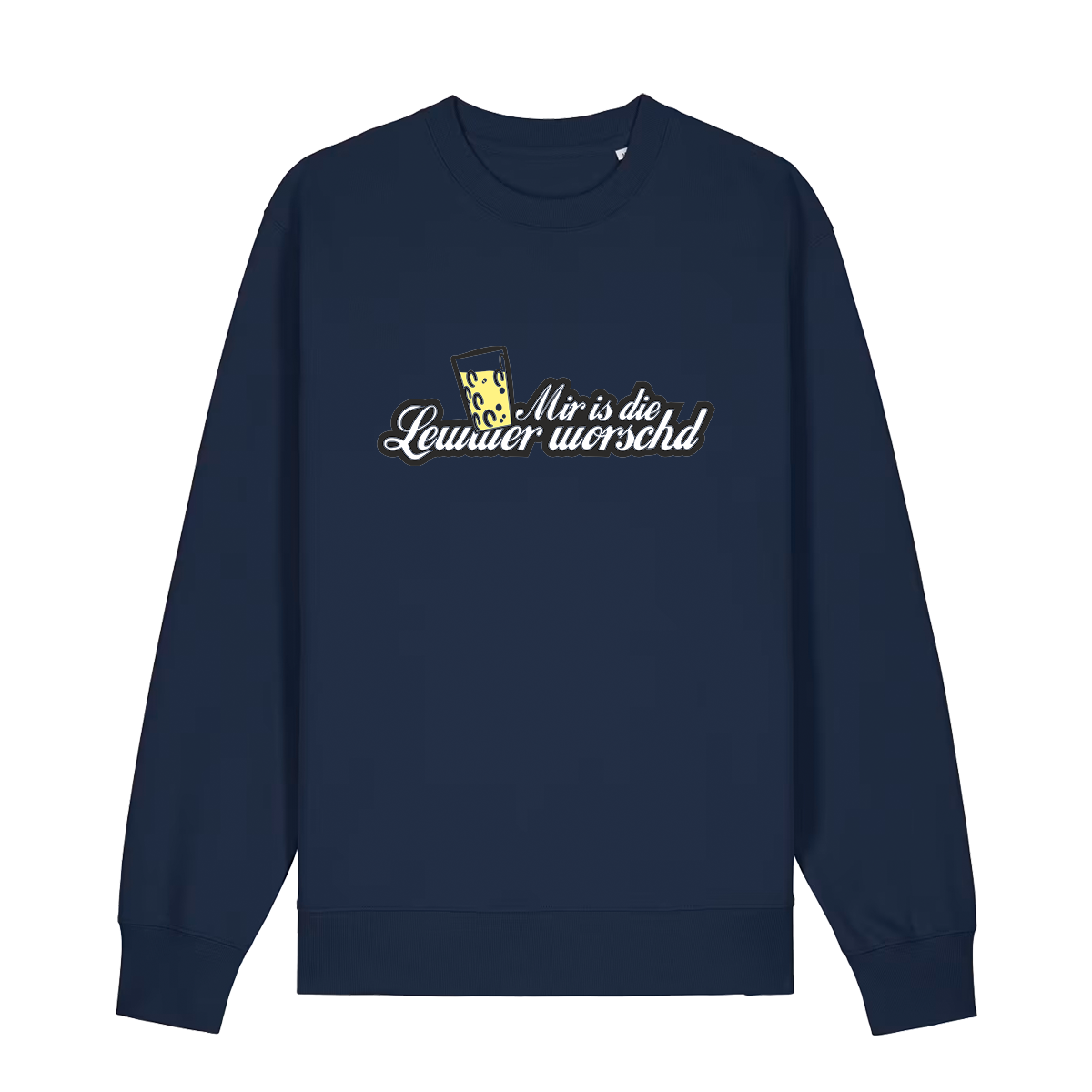 Sweater in navy mit weißem Aufdruck "Mir is die Lewwer worschd mit einem Dubbeglas".
