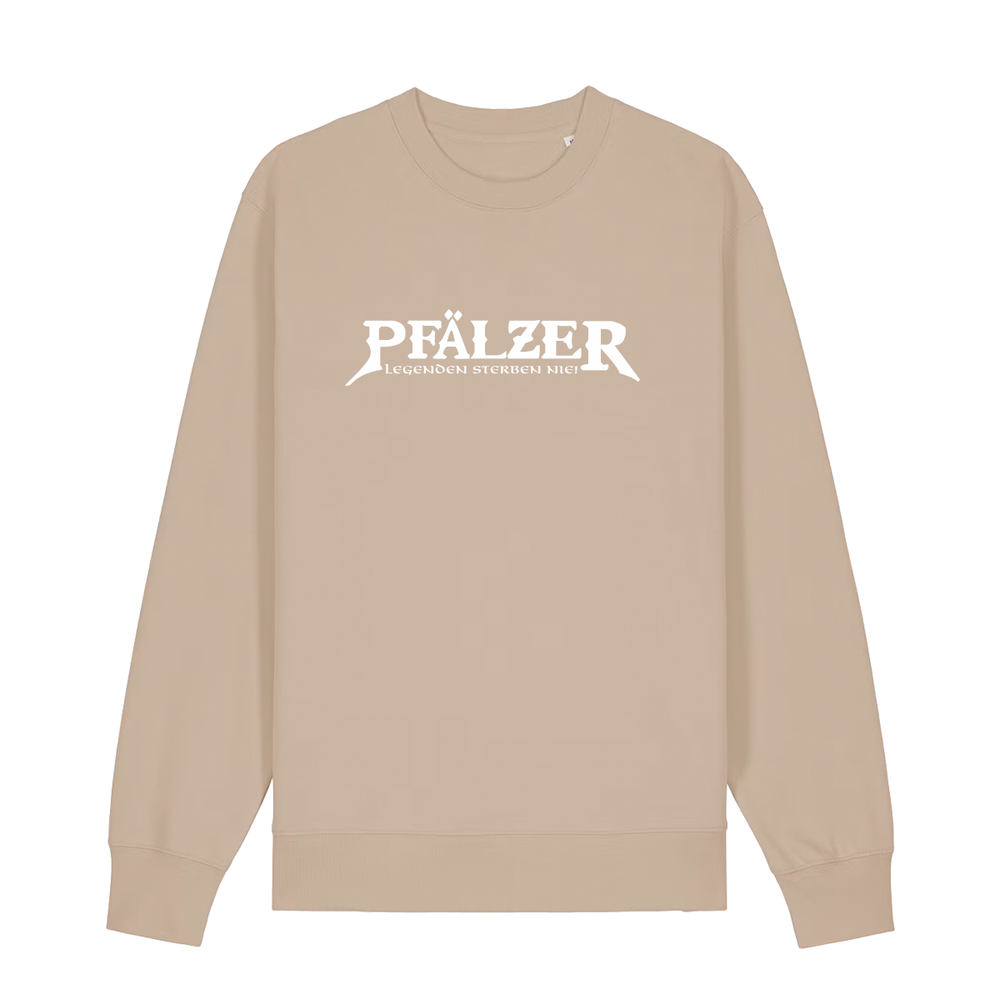 Sweater in beige mit weißem Aufdruck "Pfälzer Legenden sterben nie!". 