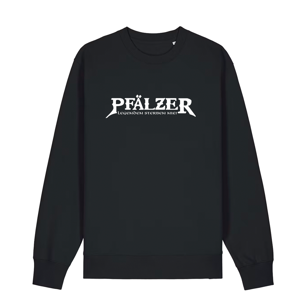 Sweater in schwarz mit weißem Aufdruck "Pfälzer Legenden sterben nie!". 