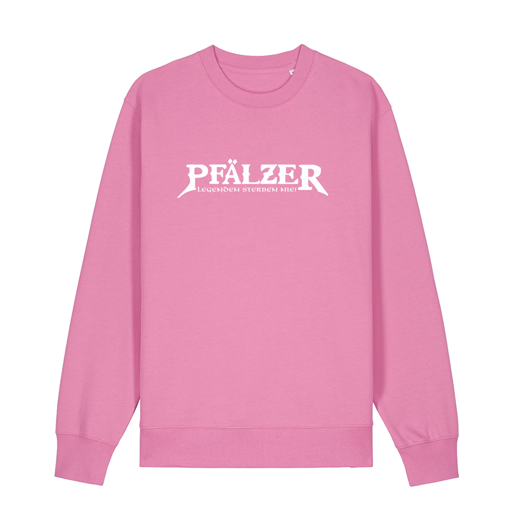 Sweater in bubbelpink mit weißem Aufdruck "Pfälzer Legenden sterben nie!". 