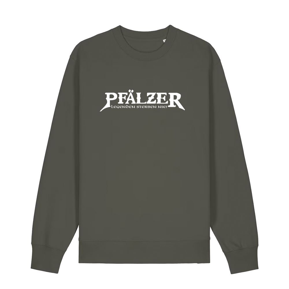 Sweater in khaki mit weißem Aufdruck "Pfälzer Legenden sterben nie!". 