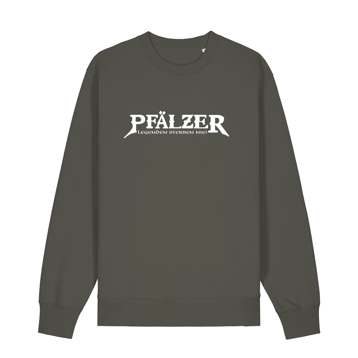 Sweater in khaki mit weißem Aufdruck "Pfälzer Legenden sterben nie!". 