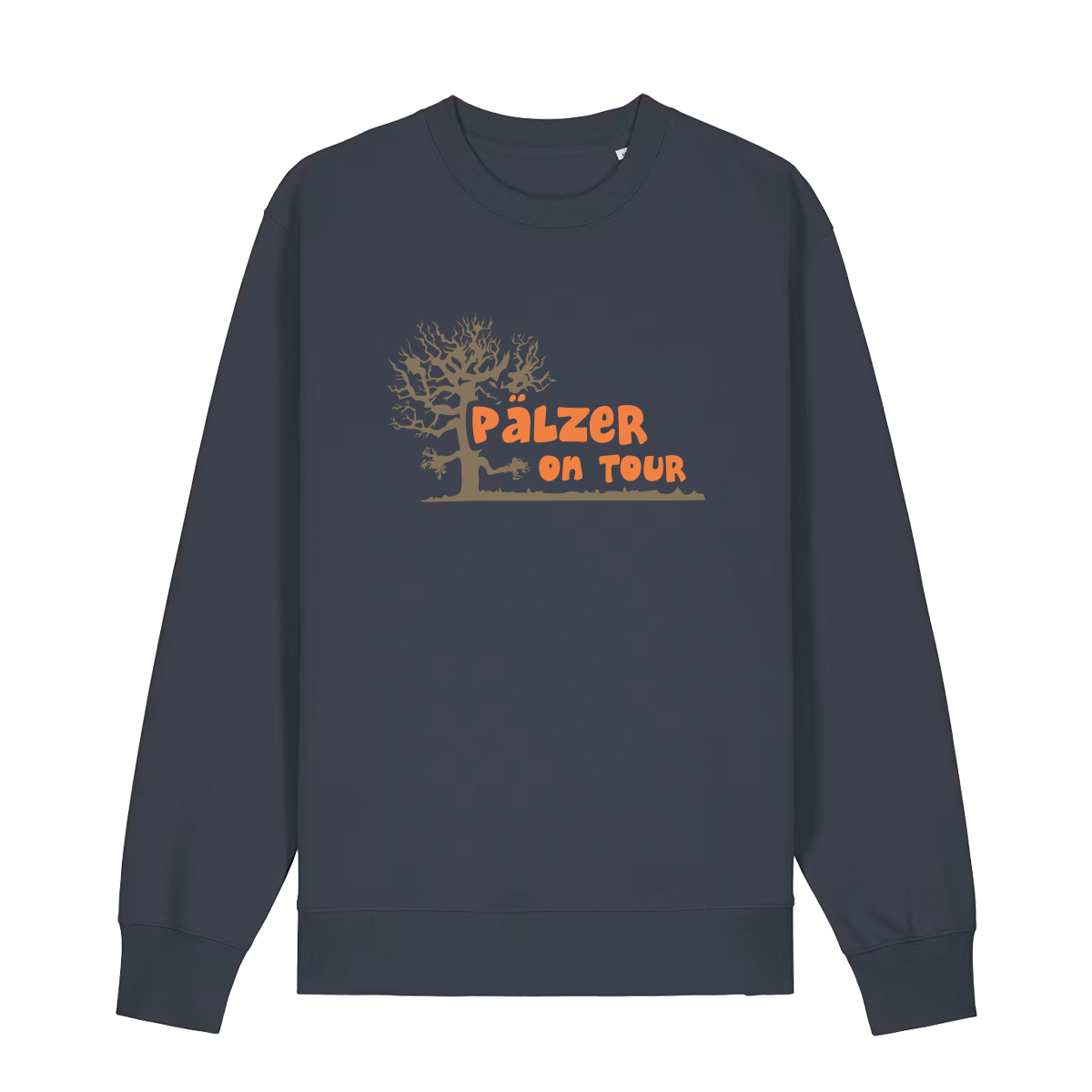 Sweater in anthrazit mit orangenem Aufdruck „Pälzer on Tour und Baumgrafik“.