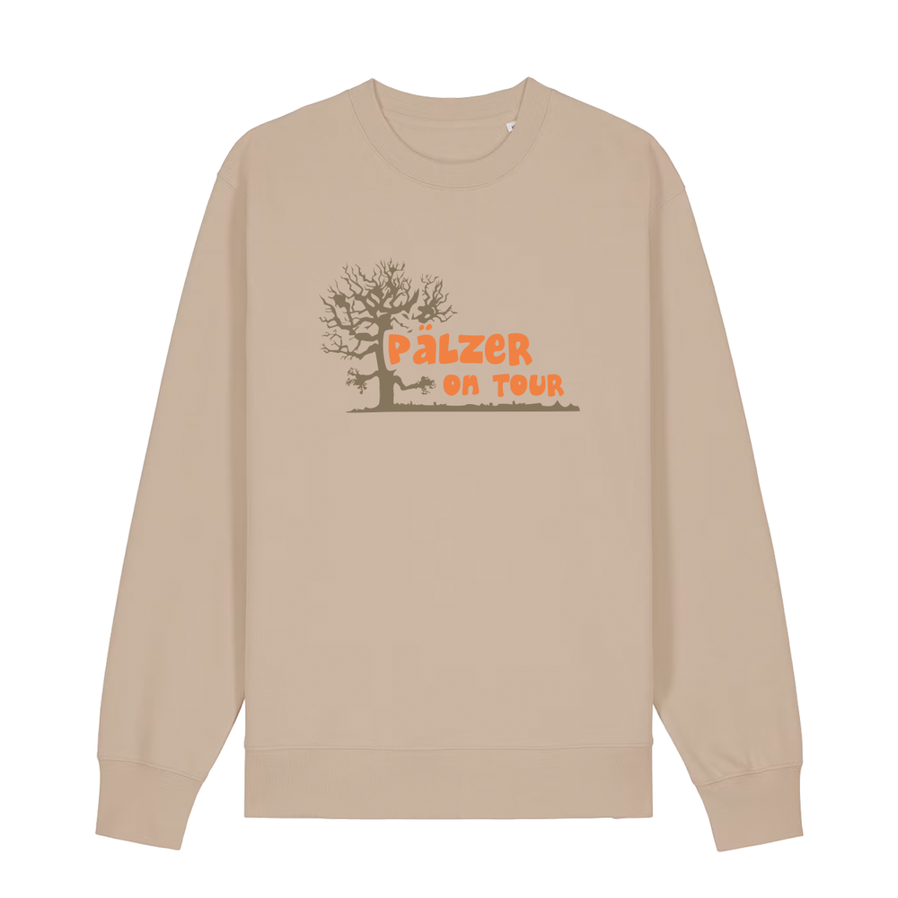 Sweater in beige mit orangenem Aufdruck „Pälzer on Tour und Baumgrafik“.