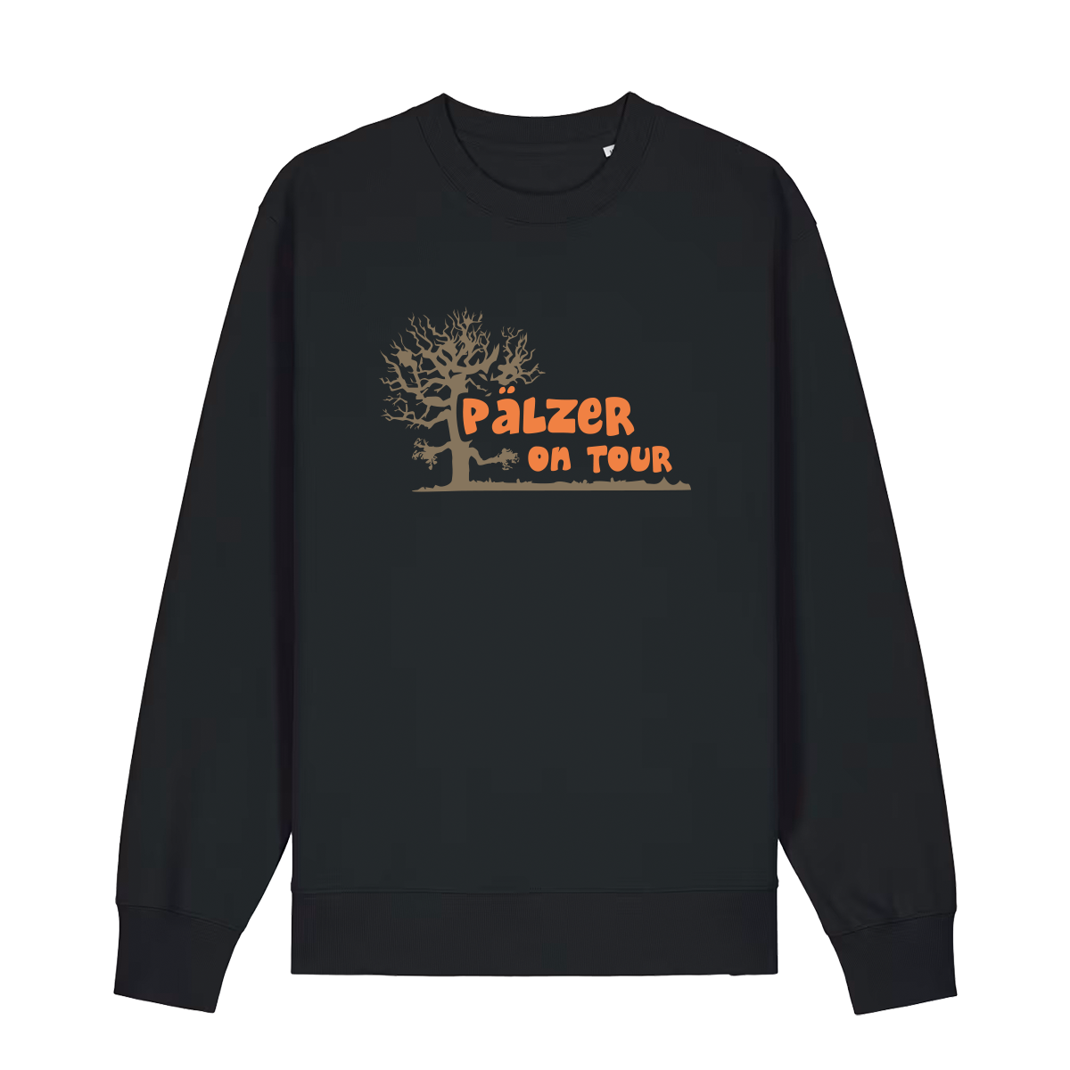 Sweater in schwarz mit orangenem Aufdruck „Pälzer on Tour und Baumgrafik“.