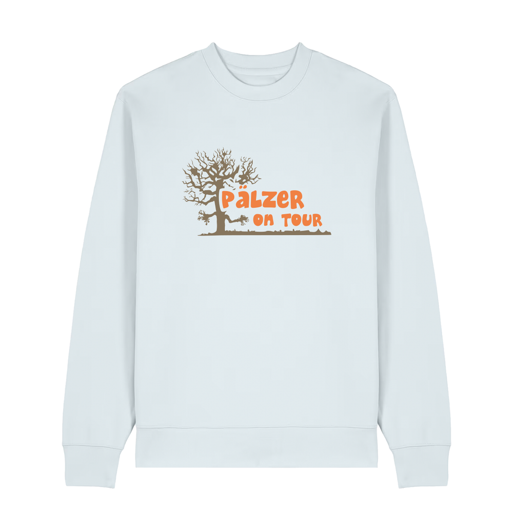 Sweater in eisblau mit schwarzem Aufdruck „Lust auf Riesling“.