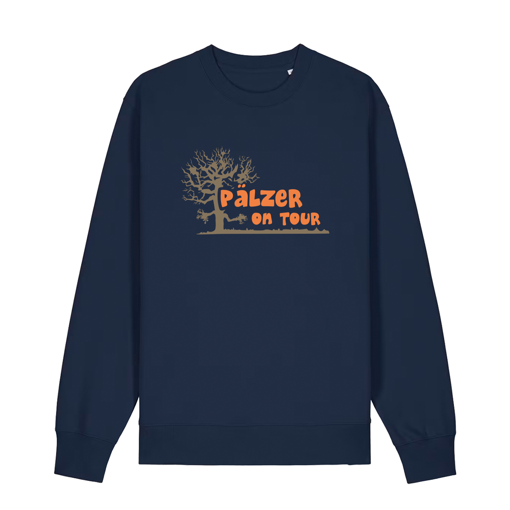Sweater in navy mit orangenem Aufdruck „Pälzer on Tour und Baumgrafik“.
