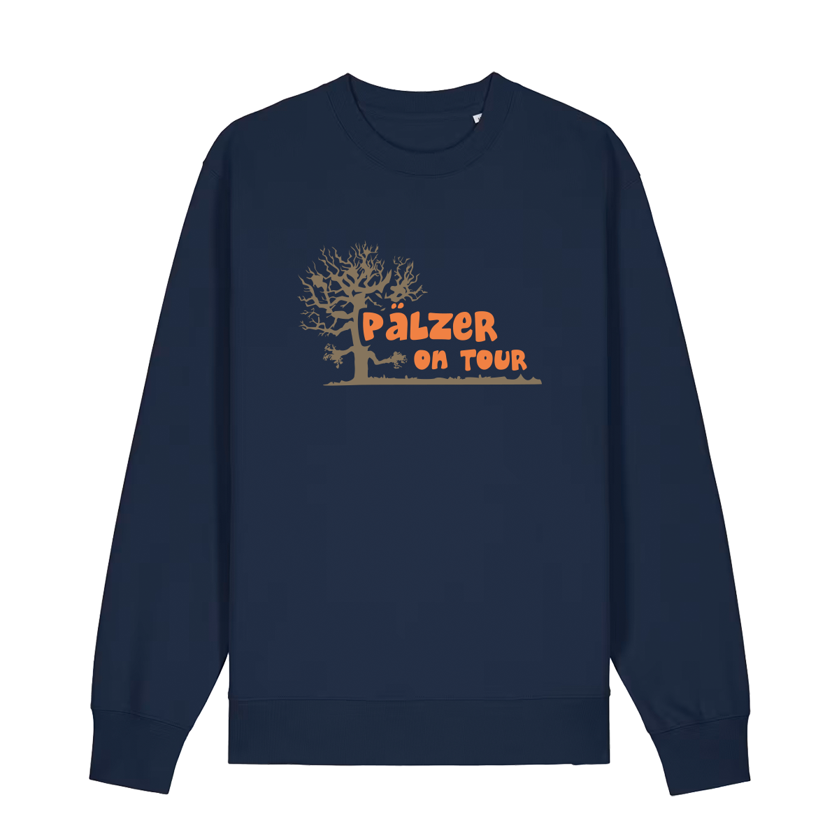 Sweater in navy mit orangenem Aufdruck „Pälzer on Tour und Baumgrafik“.