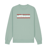 Sweater in aloe mit weißem Uffbasse Schriftzug und roten Linien.