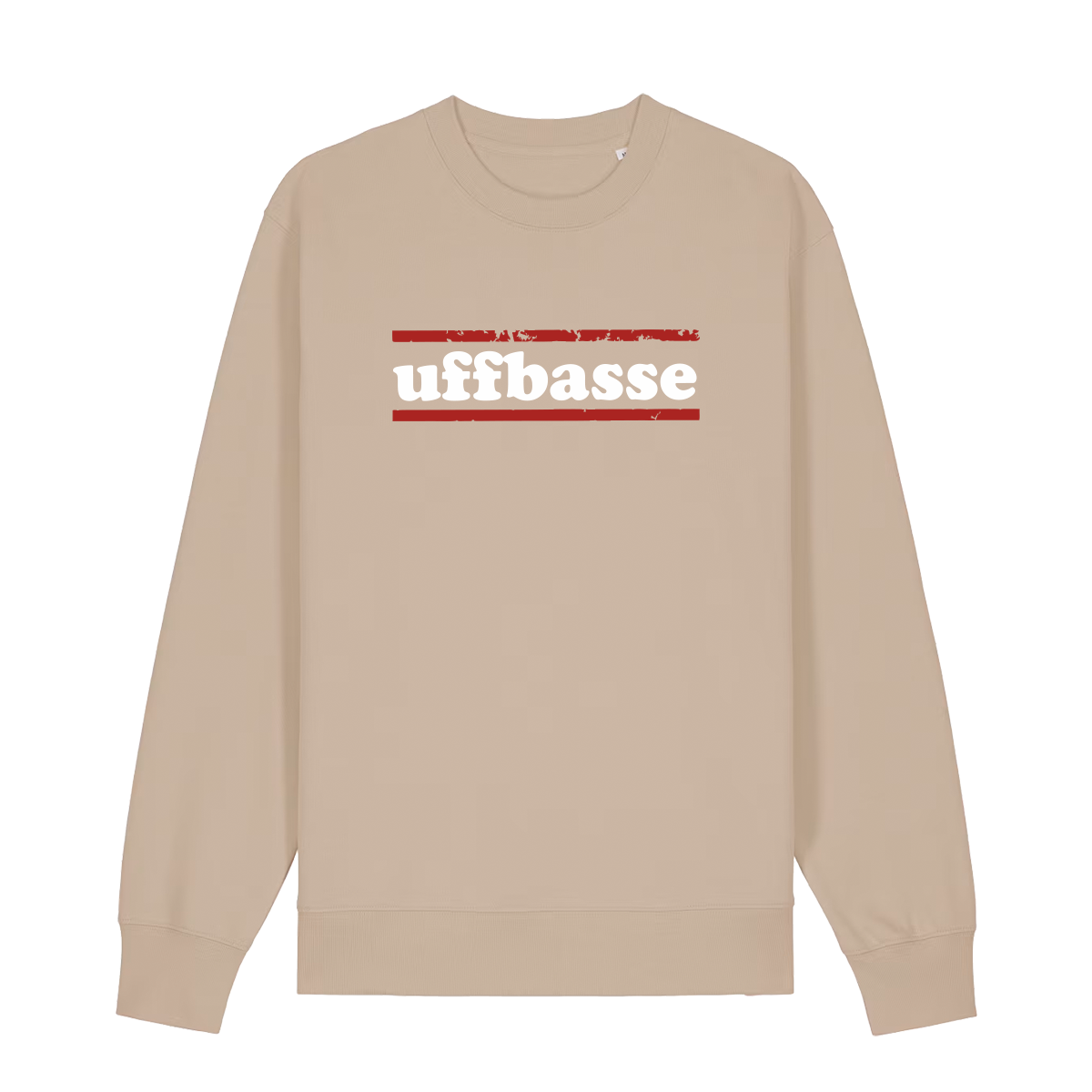 Sweater in beige mit weißem Uffbasse Schriftzug und roten Linien.