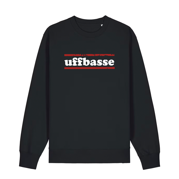 Sweater in schwarz mit weißem Uffbasse Schriftzug und roten Linien.