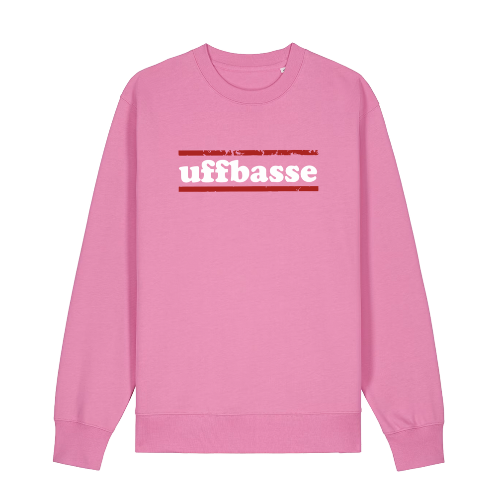 Sweater in bubbelpink mit weißem Uffbasse Schriftzug und roten Linien.