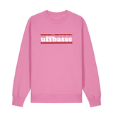Sweater in bubbelpink mit weißem Uffbasse Schriftzug und roten Linien.