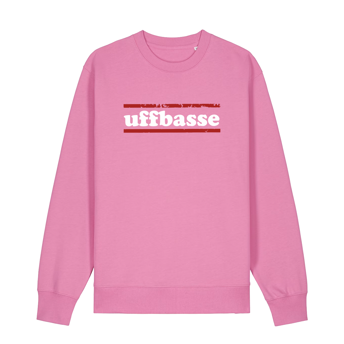 Sweater in bubbelpink mit weißem Uffbasse Schriftzug und roten Linien.