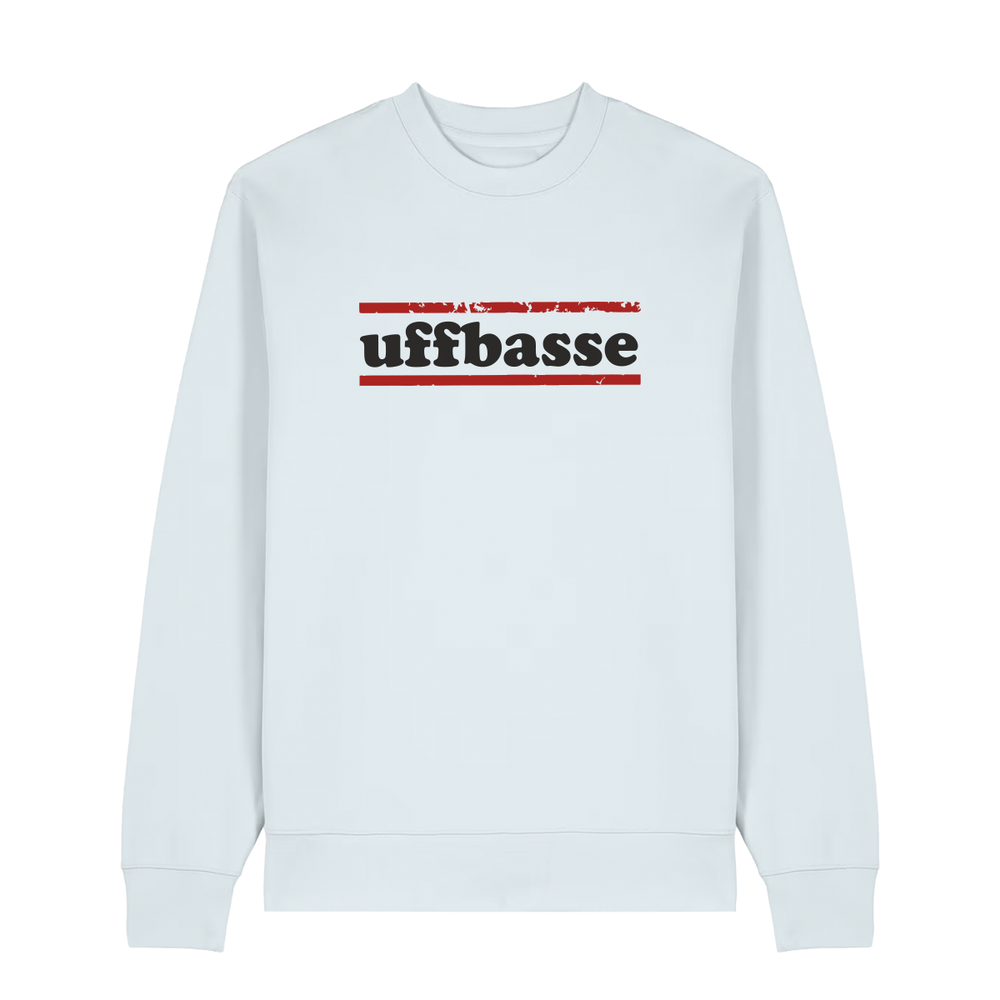 Sweater in eisblau mit schwarzem Uffbasse Schriftzug und roten Linien.