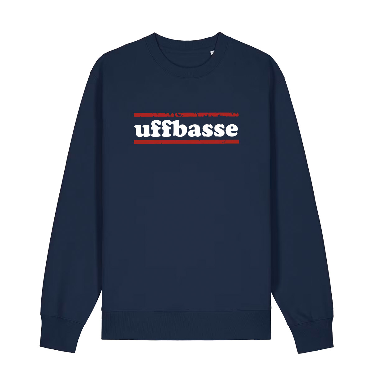 Sweater in navy mit weißem Uffbasse Schriftzug und roten Linien.