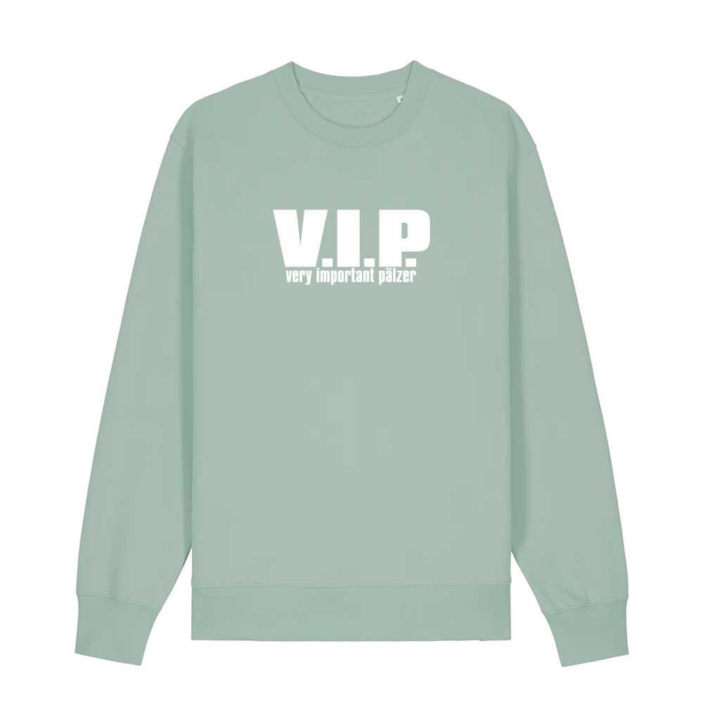 Sweater in aloe mit weißem Aufdruck "VIP – Very important Pälzer". 
