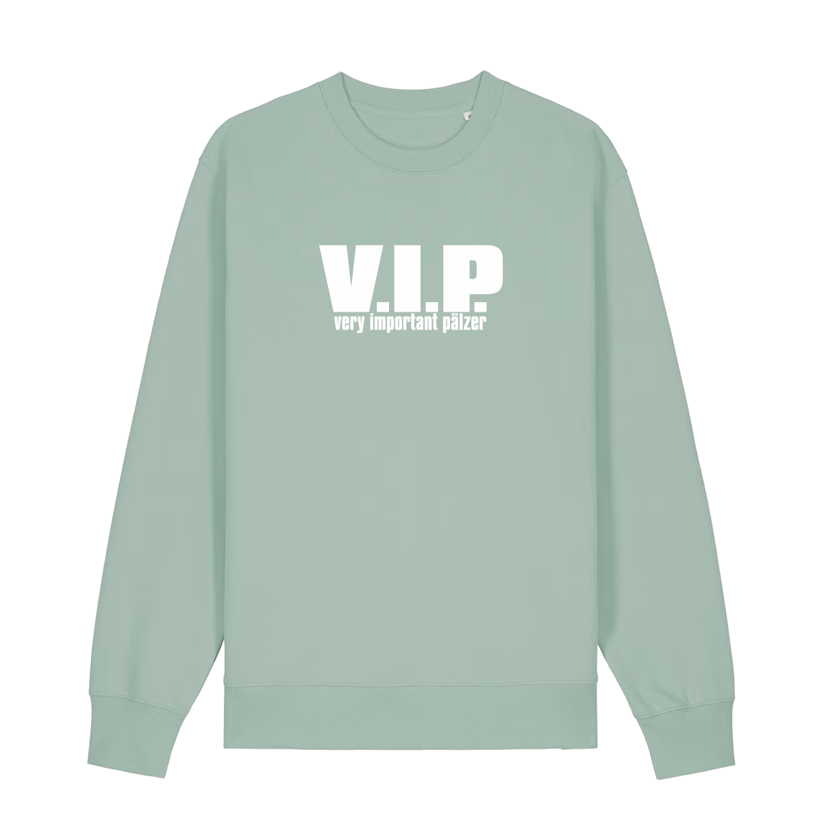 Sweater in aloe mit weißem Aufdruck "VIP – Very important Pälzer". 