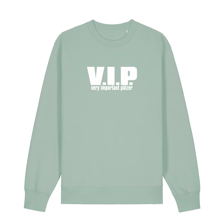 Sweater in aloe mit weißem Aufdruck "VIP – Very important Pälzer". 