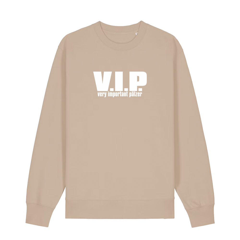 Sweater in beige mit weißem Aufdruck "VIP – Very important Pälzer". 