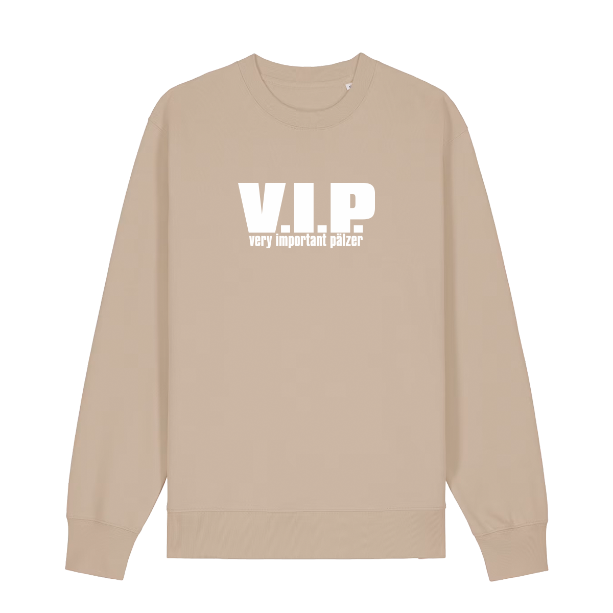 Sweater in beige mit weißem Aufdruck "VIP – Very important Pälzer". 