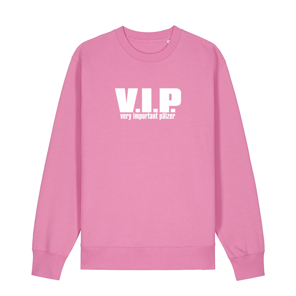 Sweater in bubbelpink mit weißem Aufdruck "VIP – Very important Pälzer". 