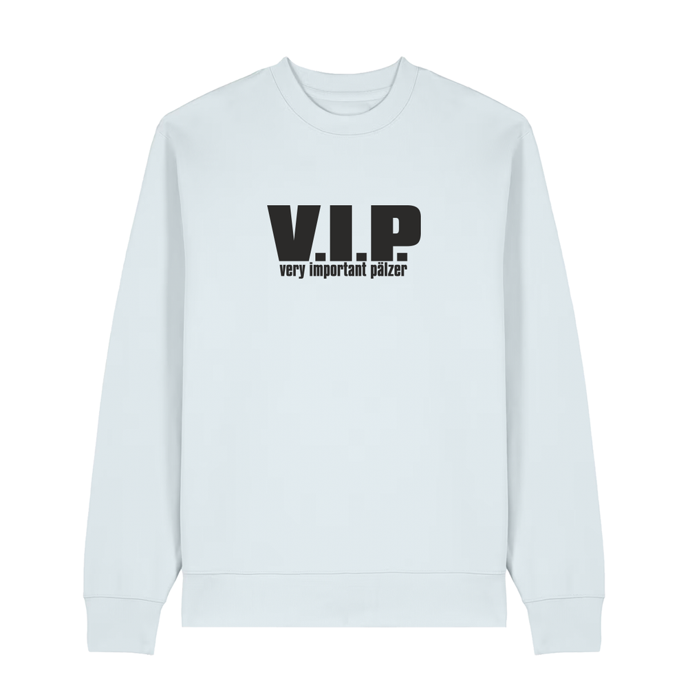 Sweater in eisblau mit schwarzem Aufdruck "VIP – Very important Pälzer". 