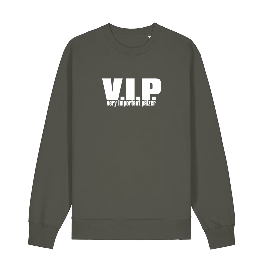 Sweater in khaki mit weißem Aufdruck "VIP – Very important Pälzer". 