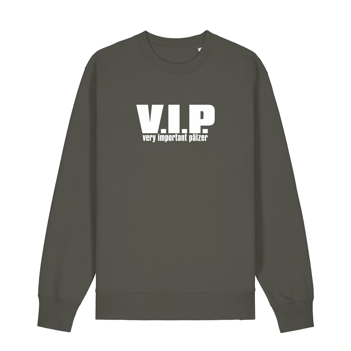 Sweater in khaki mit weißem Aufdruck "VIP – Very important Pälzer". 