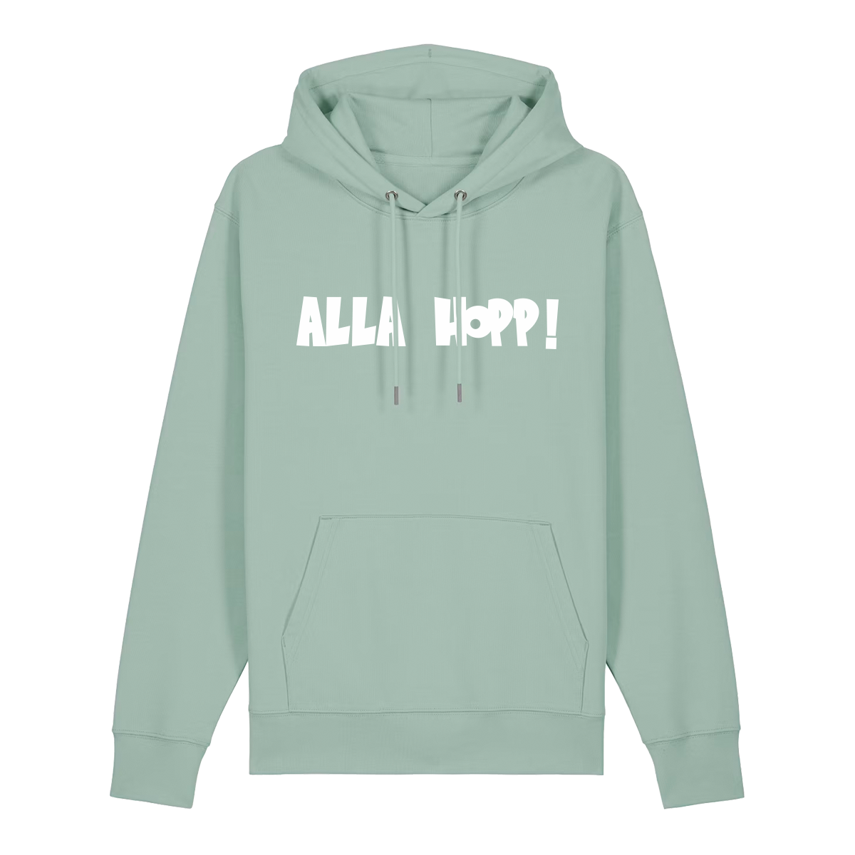 Hoodie in aloe mit weißem Aufdruck "Alla Hopp!". 