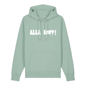 Hoodie in aloe mit weißem Aufdruck "Alla Hopp!". 
