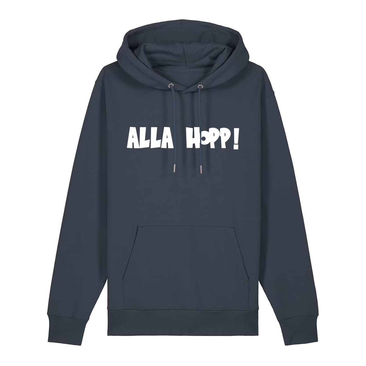 Hoodie in anthrazit mit weißem Aufdruck "Alla Hopp!". 