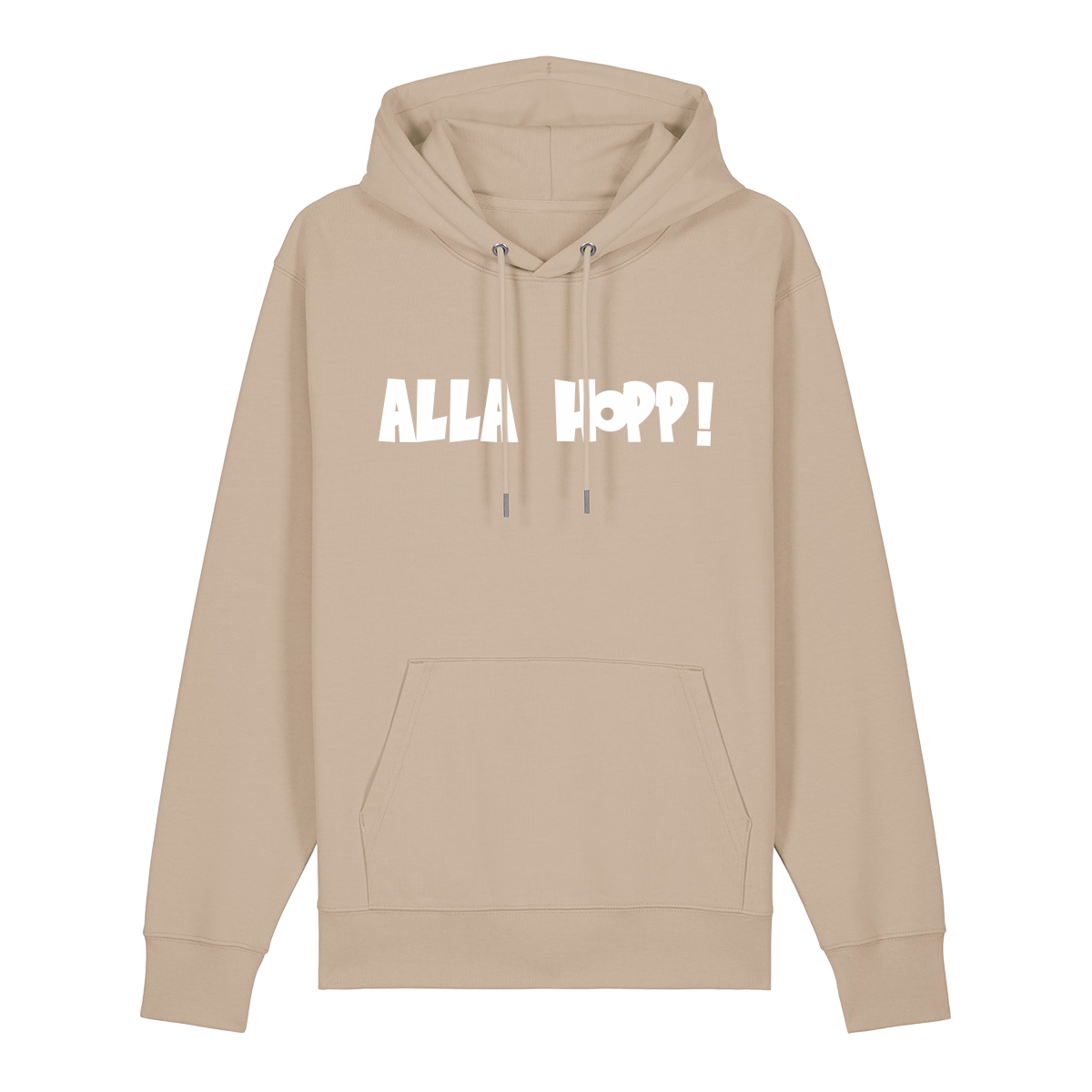 Hoodie in beige mit weißem Aufdruck "Alla Hopp!". 
