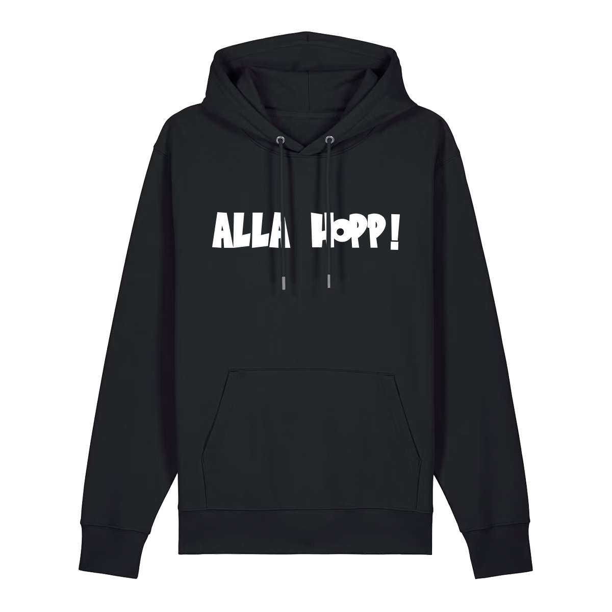 Hoodie in schwarz mit weißem Aufdruck "Alla Hopp!".  