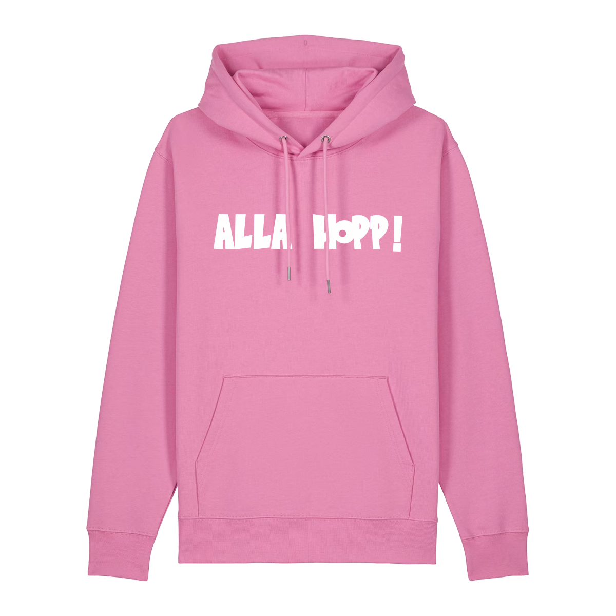 Hoodie in bubbelpink mit weißem Aufdruck "Alla Hopp!". 
