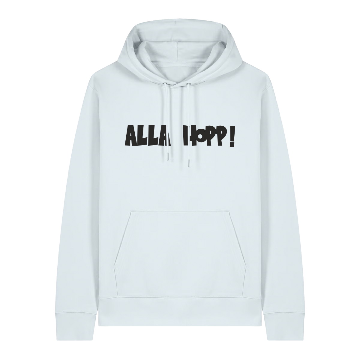 Hoodie in eisblau mit schwarzem Aufdruck "Alla Hopp!". 