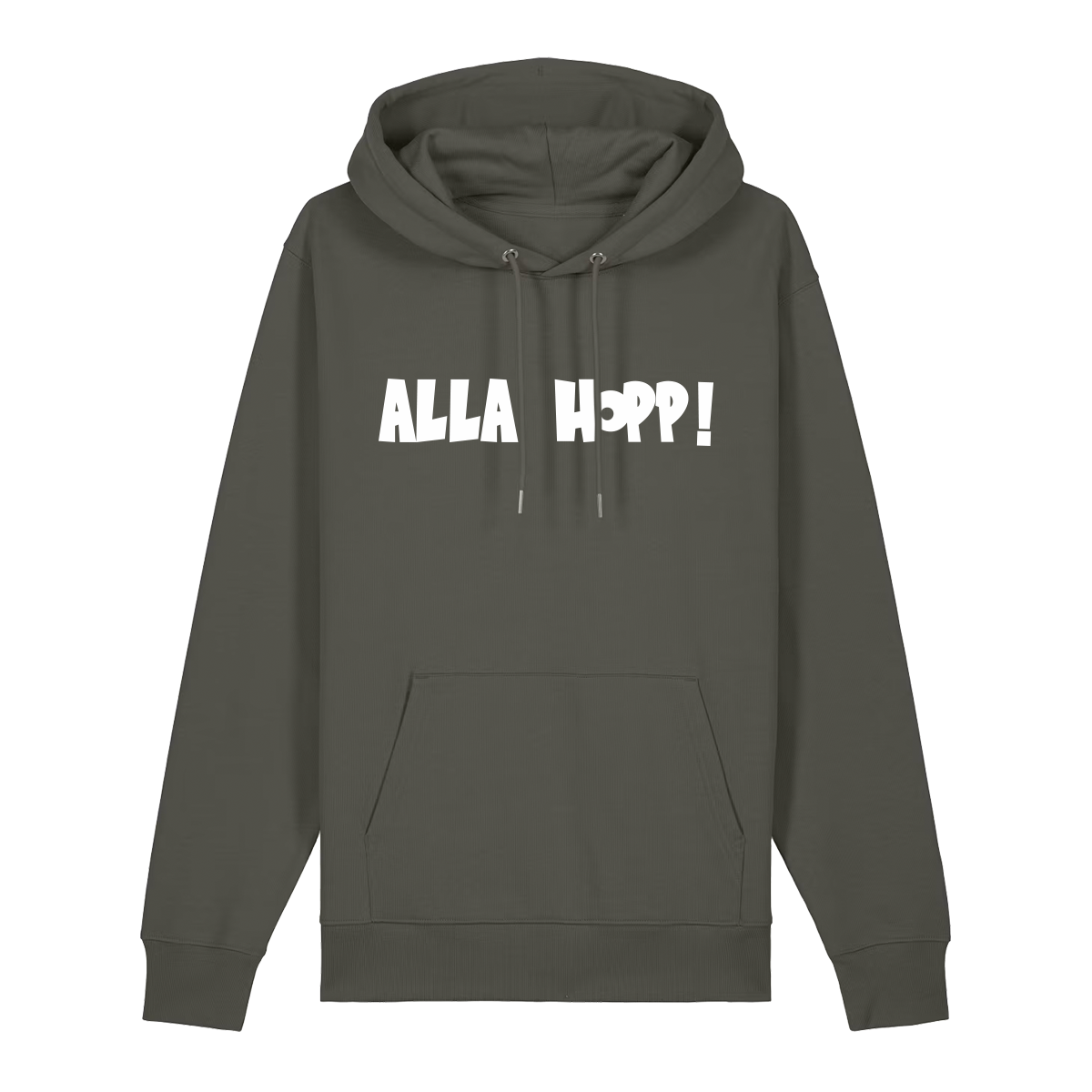 Hoodie in khaki mit weißem Aufdruck "Alla Hopp!". 
