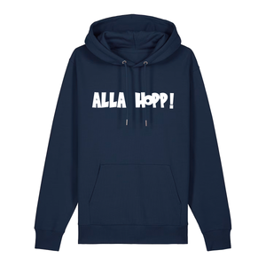 Hoodie in navy mit weißem Aufdruck "Alla Hopp!". 