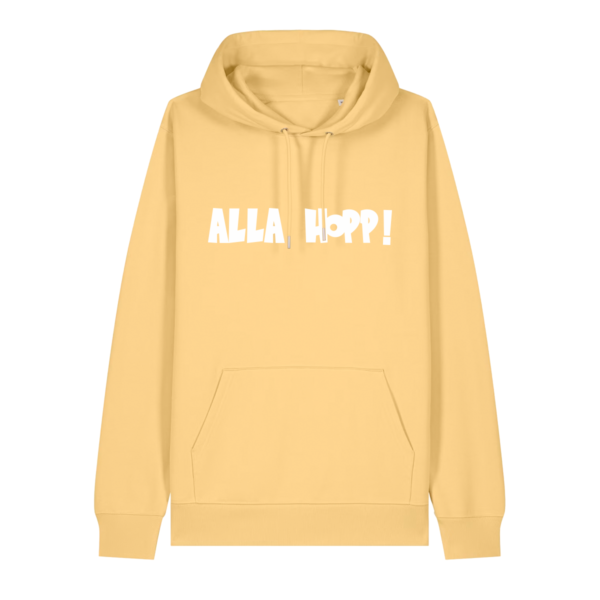 Hoodie in gelb mit weißem Aufdruck "Alla Hopp!". 