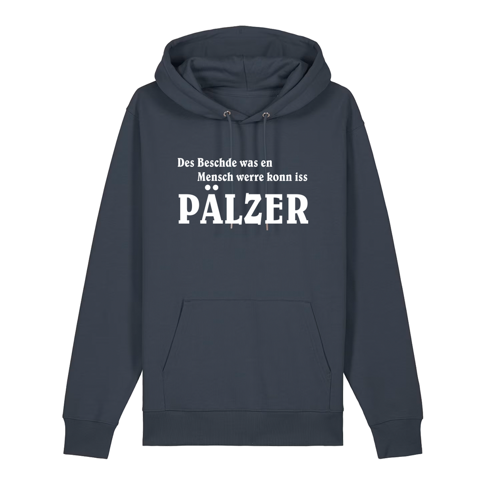 Hoodie in anthrazit mit weißem Aufdruck "Des Beschde was en Mensch werre konn iss Pälzer". 