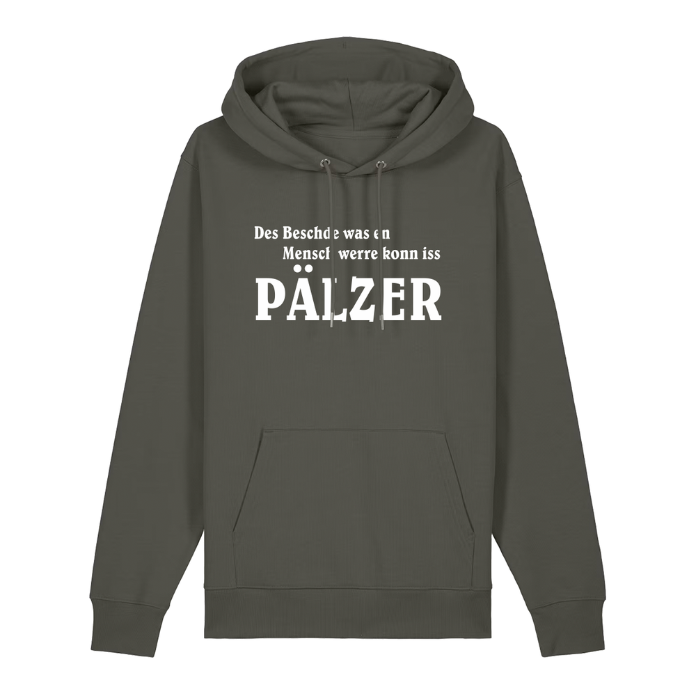 Hoodie in khaki mit weißem Aufdruck Aufdruck "Des Beschde was en Mensch werre konn iss Pälzer". 