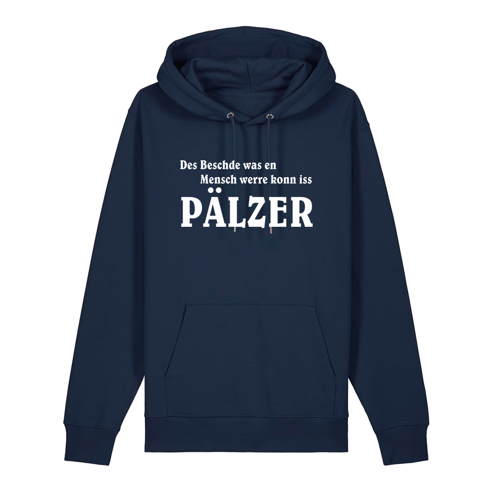 Hoodie in navy mit weißem Aufdruck "Des Beschde was en Mensch werre konn iss Pälzer". 