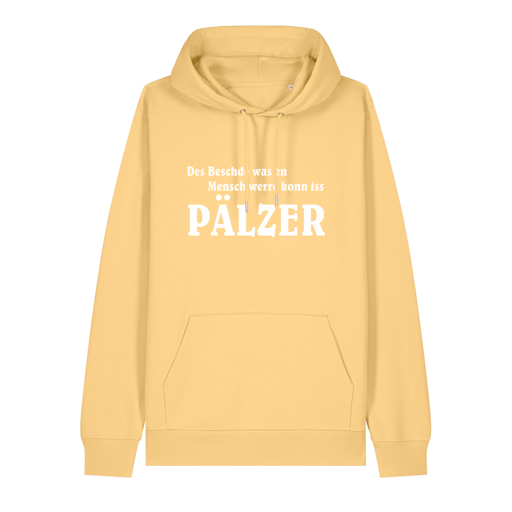 Hoodie in gelb mit weißem Aufdruck "Des Beschde was en Mensch werre konn iss Pälzer". 