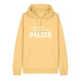Hoodie in gelb mit weißem Aufdruck "Des Beschde was en Mensch werre konn iss Pälzer". 