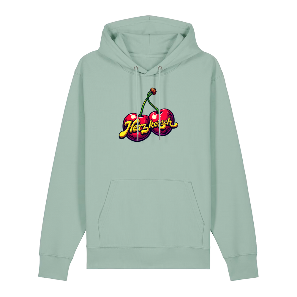 Hoodie in aloe mit Kirschmotiv und Schriftzug Herzkersch.