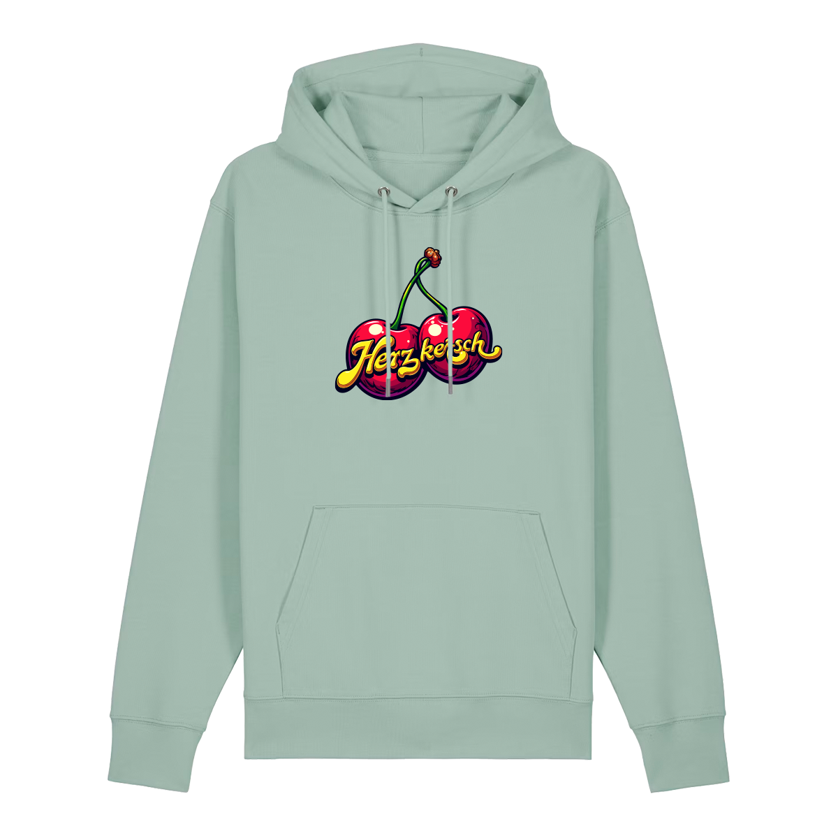 Hoodie in aloe mit Kirschmotiv und Schriftzug Herzkersch.