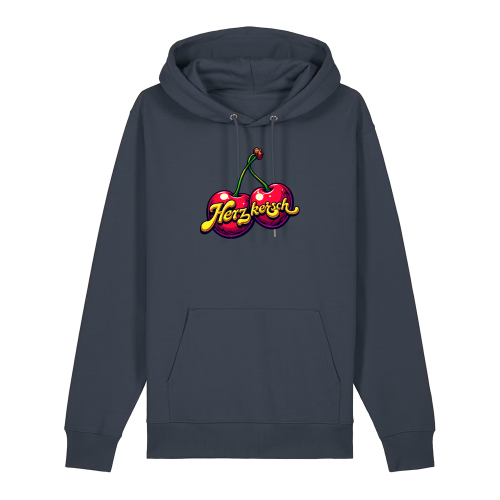 Hoodie in anthrazit mit Kirschmotiv und Schriftzug Herzkersch.