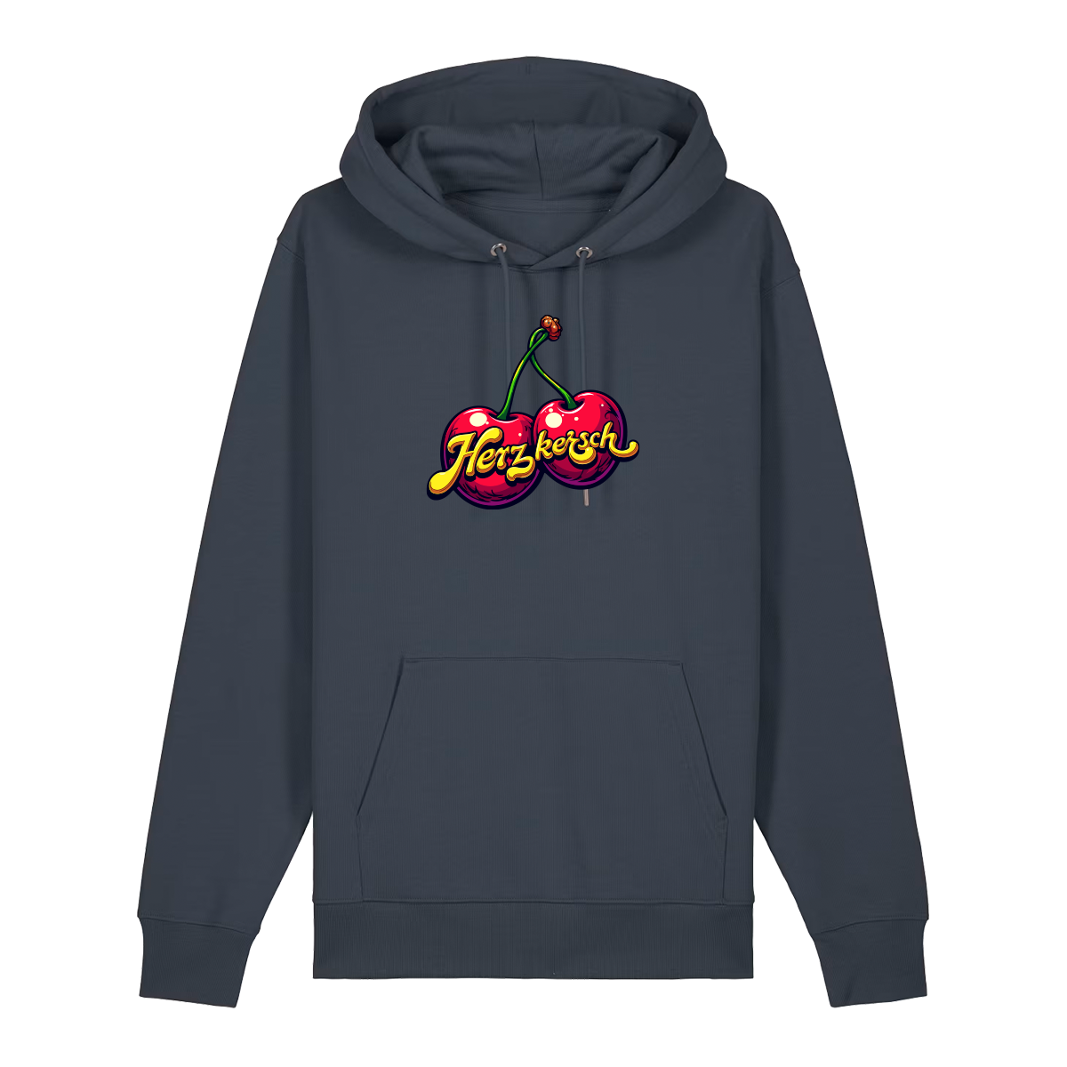 Hoodie in anthrazit mit Kirschmotiv und Schriftzug Herzkersch.