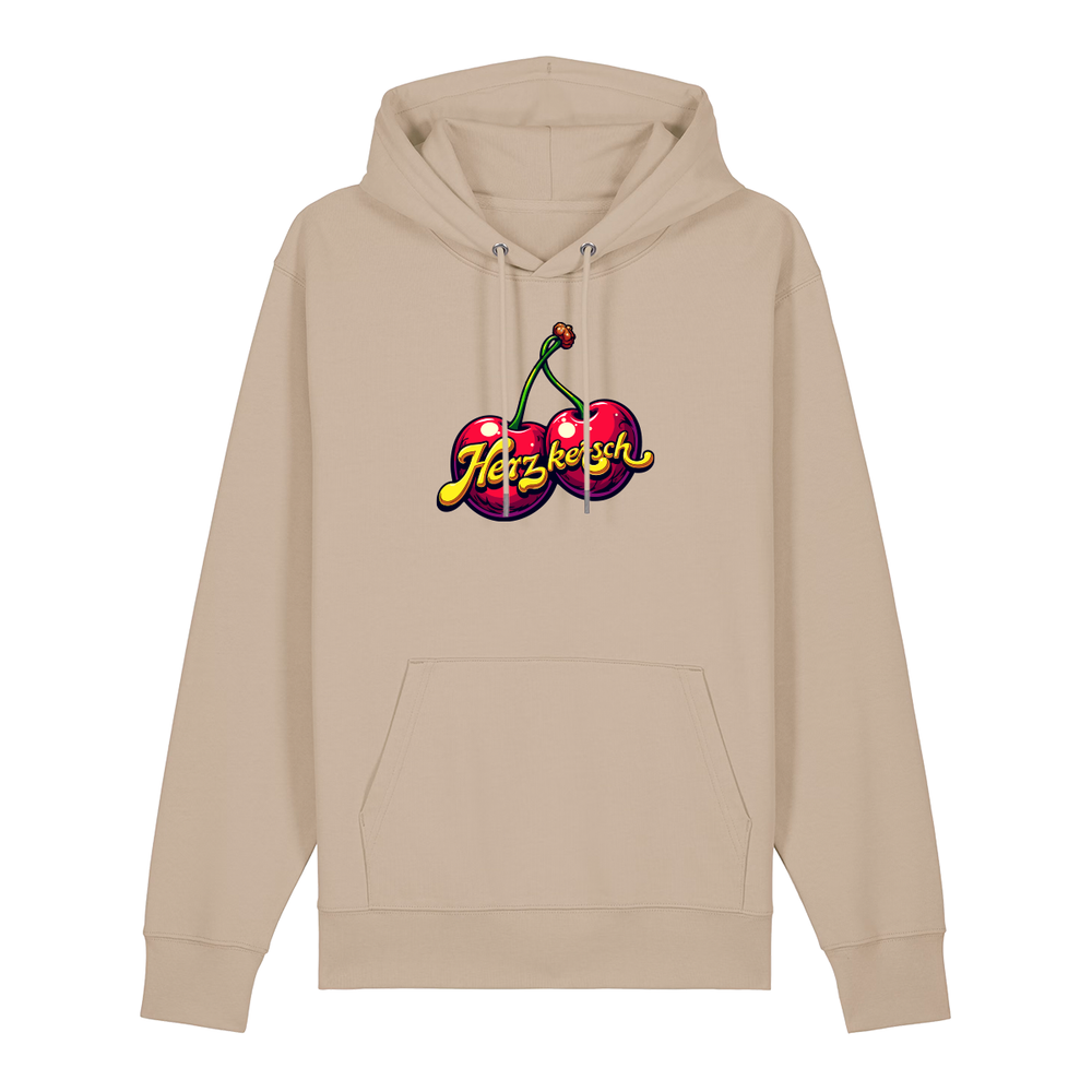 Hoodie in beige mit Kirschmotiv und Schriftzug Herzkersch.